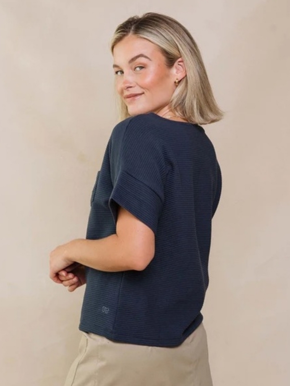 Albion Women Atlas Ribbed Blouse Boxy Short Sleeve Size Small